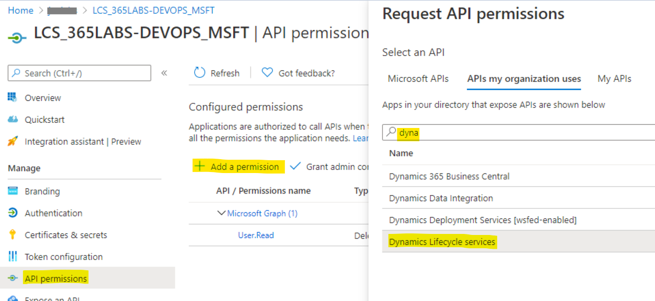 Azure API permissions - Add a permission